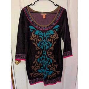Flying Tomato Sweater Dress Black Teal Multi Bodycon 3/4 Sleeve Sz L